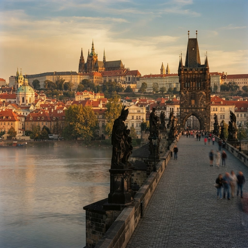 Charles Bridge and Prague Castle at golden hour in Prague, Czech Republic